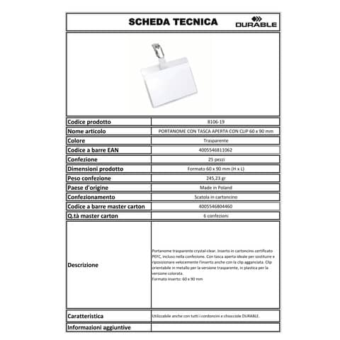 Portanomi con clip DURABLE tasca aperta trasparente inserto 60x90mm conf. 25 - 810619